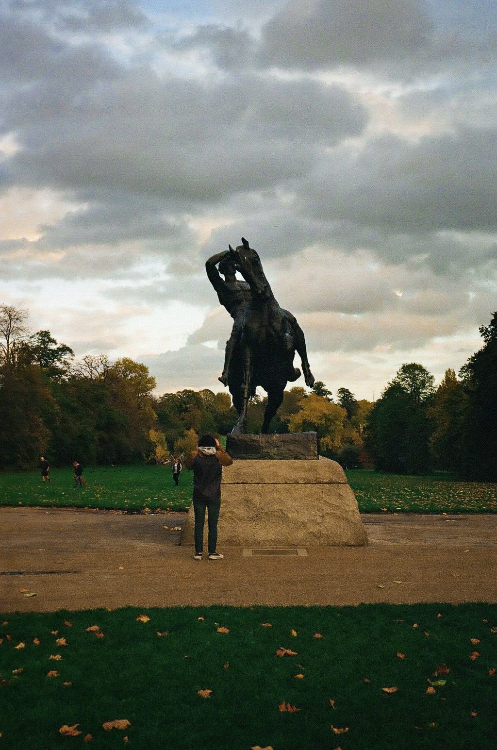 An equestrian statue viewed from the ground