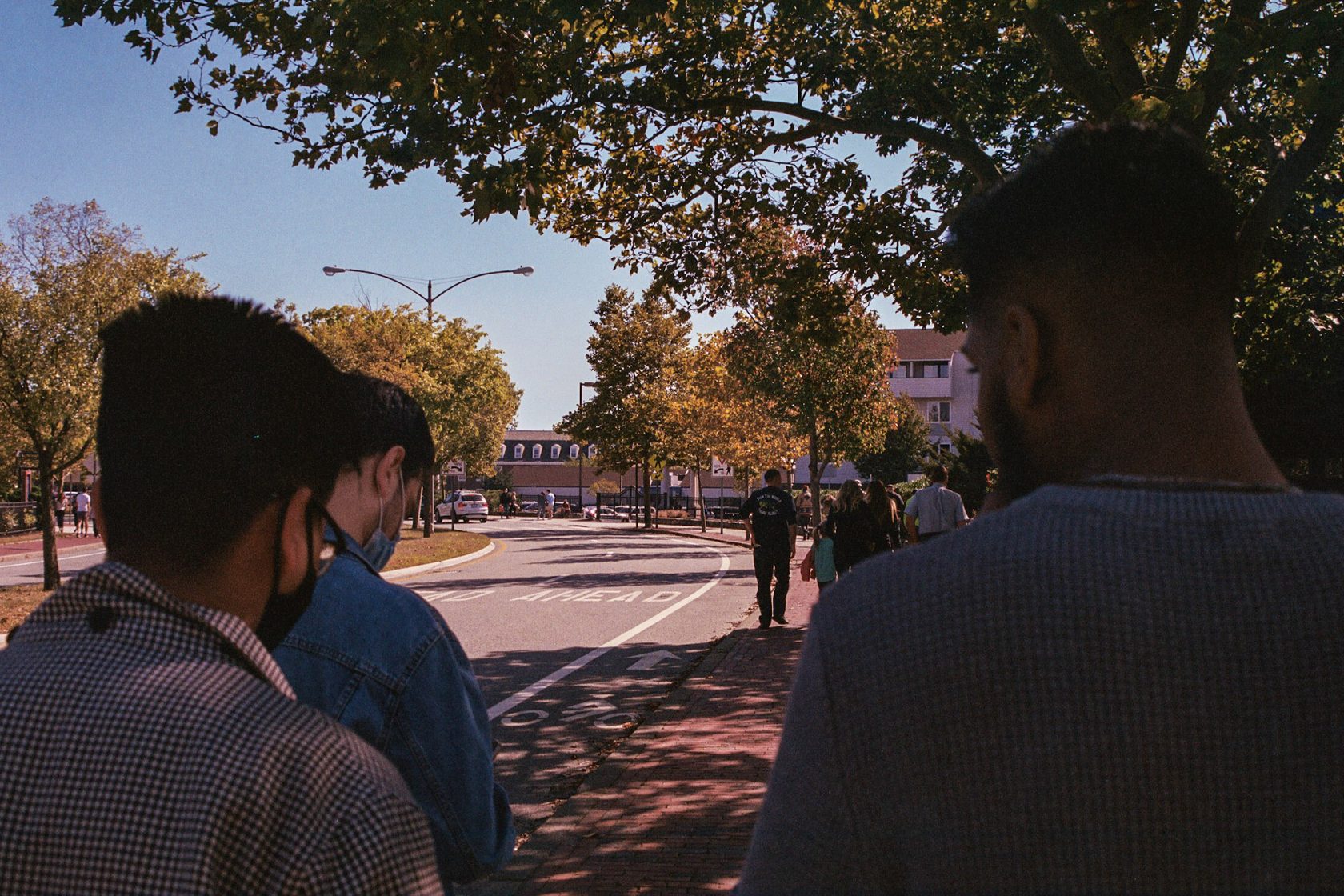 Figures walking along a tree-lined street