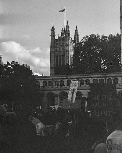 Black and white street scene near the Houses of Parliament, London
