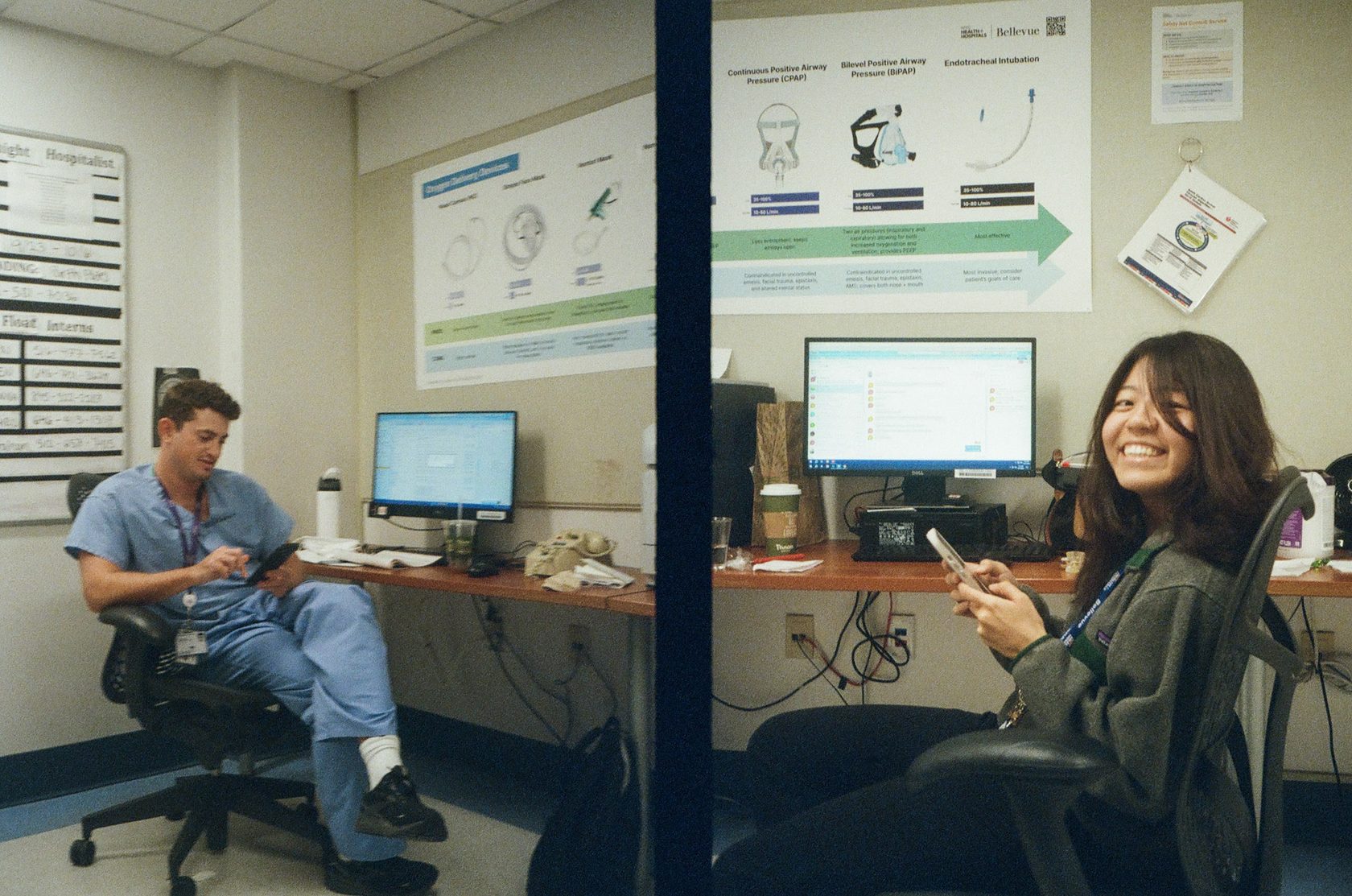 Two colleagues at desks in a clinical workspace